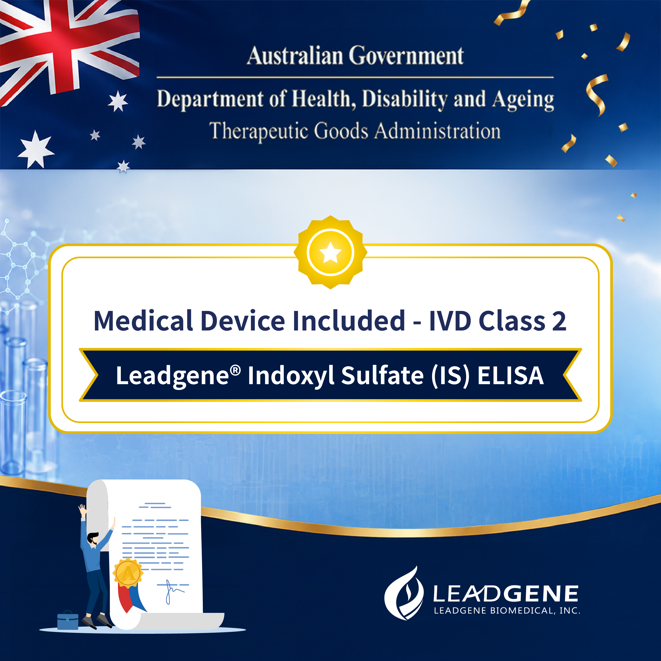 Leadgene Biomedical's Indoxyl Sulfate ELISA Kit Receives IVD Approval in Australia