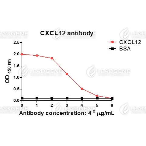ELISA titration of Anti-CXCL12 Antibody [Clone 69-2] Titration curve of anti-CXCL12 antibody in ELISA. Red: CXCL12; Black: BSA (negative control).