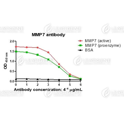 ELISA titration of Anti-MMP7 Antibody [Clone 1-4] Titration curve of anti-MMP7 antibody in ELISA. Red: MMP7 (active); Green: MMP7 (proenzyme); Black: BSA (negative control).