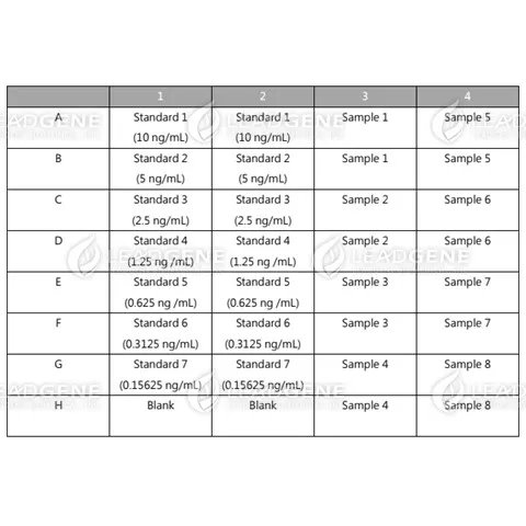 An example of orientation of standards, blanks and samples in the stripwells microplate