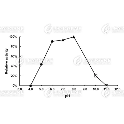 pH activity of Cholesterol oxidase. The buffer conditions with various pH values were used in the reaction at 37°C. pH 4.0-6.0, 0.1 M Sodium citrate buffer; pH 7.0-8.0, 0.1 M Potassium phosphate buffer; pH 10.0-11.0, 0.1 M Carbonate-bicarbonate buffer.