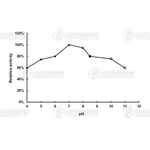 pH activity of GPO. The buffer conditions with various pH values were used in the reaction at 37°C. pH 4.0-6.0, 0.1 M Sodium citrate buffer; pH 7.0-8.0, 0.1 M Potassium phosphate buffer; pH 8.5, 0.1 M Tris-HCl buffer; pH 10.0-11.0, 0.1 M Carbonate-bicarbonate buffer.