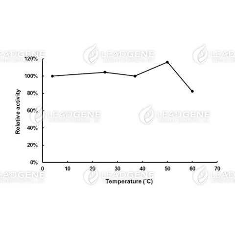 Thermal stability of GPO. The enzyme powder was reconstituted by double-distilled water and treated with different temperatures for 15 minutes. Final concentration: 21.6 U/ mL.