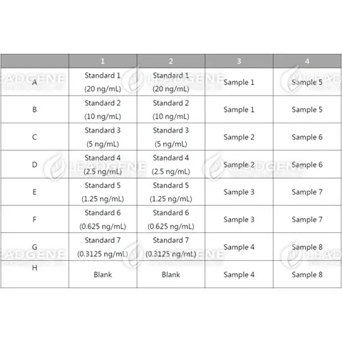 An example of orientation of standards, blanks and samples in the stripwells microplate.